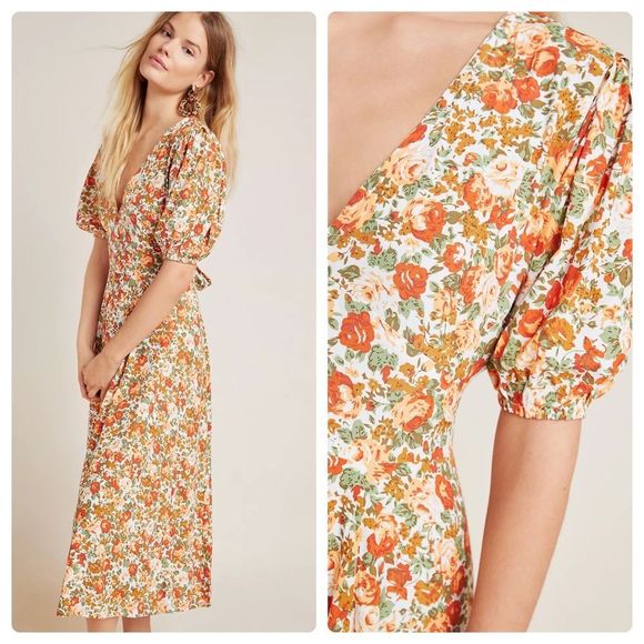 Faithfull the Brand Floral Midi Dress - Orange and White - Picture 2 of 8